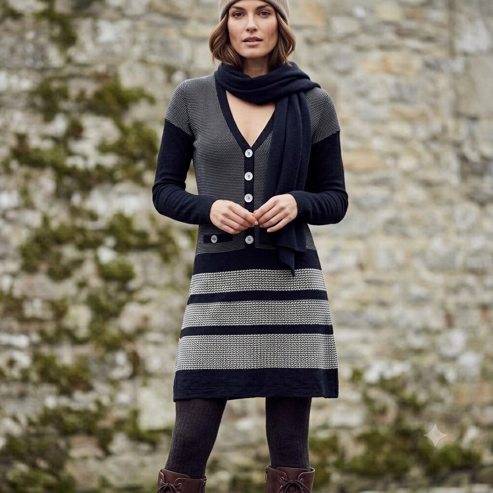 Karen Millen Merino 100% Wool Knit Mini Sweater Dress Striped Black Beige Size 2